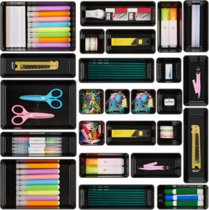Vtopmart 25 PCS Office Desk Drawer Organizers Set, 4-Size Versatile Plastic Drawer Organizer Trays, Storage Bins for Desk Accessories Office Organizers and Storage, Bathroom, Makeup, Vanity
