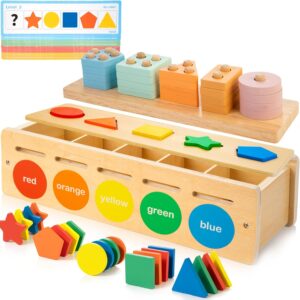 Color and Shape Sorting Matching Box, Wooden Stacking Toy with Geometric Shape Puzzles, Montessori Toy for 2 Year Old Boys and Girls
