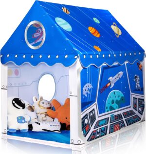 2PM SPORTS Kids Play Tent with Mat & LED Star Lights, Kids Tent Indoor for Boys and Girls, Toddler Large Playhouse Tent Outdoor, Blue Space Rocket Childrens Play Tent Gift