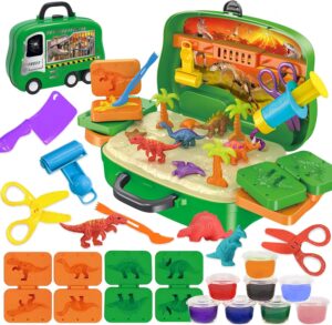 Dinosaur Color Dough Set Tools Dino World 26 PCS Playsets Toy Clay Accessaries Dough and Moulds in a Portable Case with Wheels for Kids Toddlers Children