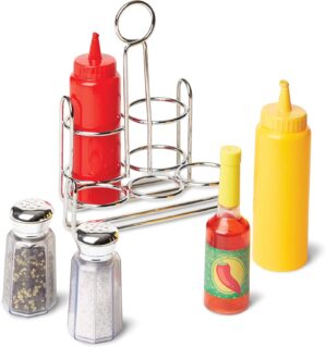Melissa & Doug Condiments Set (6 pcs) – Play Food, Stainless Steel Caddy