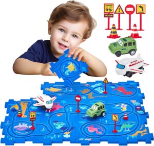 hahaland Puzzle Racer Kids Car Track Set – 5×5 Inches Larger Size of Each Puzzle Piece Toys for Ages 2-4 for Kids 3 Year Old Boy Toys Puzzle Track Car for 3-5 Children’s Educational Learning Toy