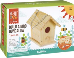 Beetle & Bee Build A Bird Bungalow – DIY Kid Art Craft Outdoor Birdhouse Kit, House Painting Kit for Kids, Hardware Glue Included- 4 Paints, 1 Brush, 7 Wooden Pcs, Chain For Tree Hanging Age 5+