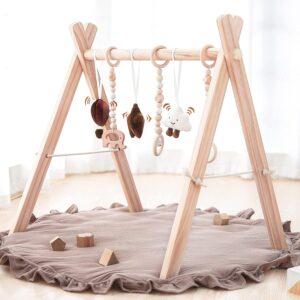 Razee Wooden Baby Play Gym Play Mat, Baby Gym with 6 Hanging Sensory Toys Foldable Baby Gym for Newborn Shower Gift