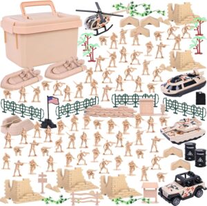 AMOR PRESENT 115PCS Army Men Playset, Military Soldier Set with Box Army Action Figures Battle Group with Vehicle Helicopter for Gifts