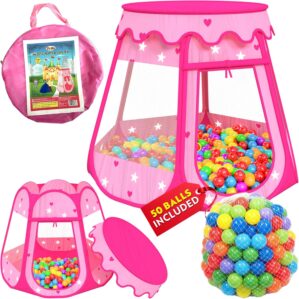Playz Ball Pit Princess Castle Play Tent for Girls w/ 50 Balls Included – Pop Up Children Play Tent for Indoor & Outdoor Use – Playland Playhouse Tent w/ & Glow in The Dark Stars & Zipper Storage Case