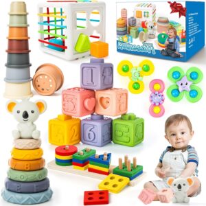 6-in-1 Baby Toys 6 to 12 Months, Montessori Toys for Babies 6-12-18 Months, Infant Teething Toys Stacking Blocks Rings Sensory Bin, Sorting Sensory Educational Learning Toys for Toddlers 1-3