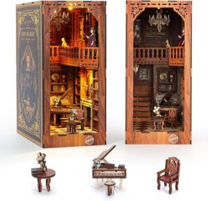 Book Nook Kit for Adults, DIY Miniature Dollhouse Booknook Kit with Led Light, 3D Wooden Bookshelf Puzzle Booknook Insert Decor Crafts for Adults Teen Gifts (GRIMM’S Small Building)
