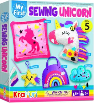 KRAFUN My First Unicorn Kids Sewing kit, Beginner Arts & Crafts, Make 5 Cute Projects with Plush Stuffed Animal, Pillow, Mobile, Keyring and Bag, Instructions & Felt for Learn Sewing, Embroidery