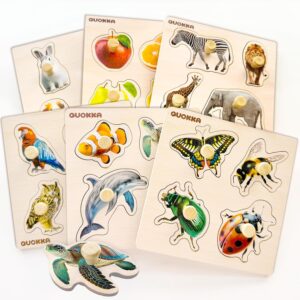 QUOKKA Wooden Puzzles for Toddlers 1-3 – 6 Pegged Puzzles for Kids Ages 2-4 – Animal and Fruits Learning Toy for Kids – Gift Realistic Educational Game for Boy and Girl