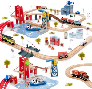 Giant bean 117 Pcs Busy Port City Train Set for Kids- Expandable & Changeable Wooden Train Track Set Toddler Toy, for Boys & Girls Ages 3+, Fits Thomas The Train, Brio, Melissa & Doug