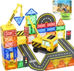 Magnetic Tiles Construction Toys with Crane Road Pieces Truck Magnetic Blocks STEM Building Sensory Toys for Kids 3 4 5 6 7 8 Year Old Boys Birthday Xmas Gifts