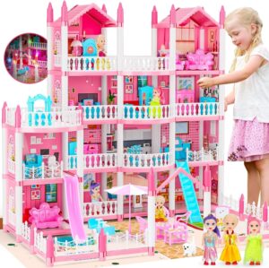 4-Story 13 Rooms Huge Dream Doll House with Dolls, Mat, Slide, Swing, Led Light, More Aceesories, Dollhouse Toy Gift for Creative Girls Kids Aged 3-8 4-7