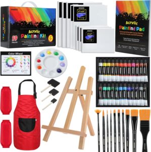 MMARTE 59pcs Acrylic Paint Set – Art Supplies Kit With 24 Non-Toxic Paints, Easel, Brushes, Canvas for Kids, Artists and Beginners