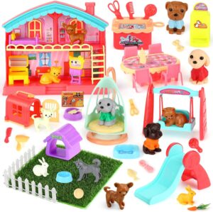 Leyndo Pet Pretend Play Toys Set Realistic Pet Figures Playset Cat and Dog Care Role Play Educational Figures Toys Pet Dollhouse Toy Set for Boys Girls Birthday Party Gift(48 Pcs, Dog)