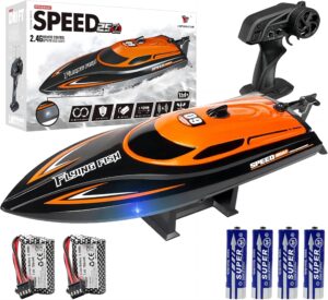 RC Boat with 2 Rechargeable Battery and 4 Remote Control Batteries, 20+MPH Fast Remote Control Boats with LED Lights for Boys Age 8-12, Low Battery Reminder, 2.4GHZ RC Speed Boats for Kids & Adults