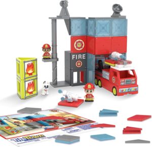 Tile Town Fire Station + Firetruck Magnetic Tiles Building Playset & Vehicle w/ Lights & Sounds + Figures, Kids 3-6+, New Action Tiles for Action Play, Creative Toy | Amazon Exclusive