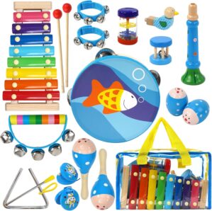 Raimy Kids Musical Instruments Set – Wooden Percussion Instruments Toy for Toddler Baby, Preschool Educational Music Toys for Boys and Girls with Carrying Bag (Blue)