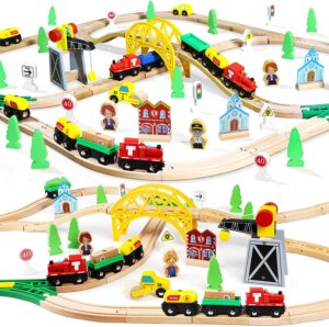 TOY Life Train Set 60pcs Wooden Train Set with Crane, Wooden Train Tracks Toy Train Set for Toddlers 3 4 5, Wooden Toys Christmas Train Set Gift for Kids 4-8, Fits Thomas Brio Melisa Train Track Set