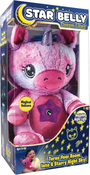 Ontel Star Belly Dream Lites, Stuffed Animal Night Light, Magical Pink and Purple Unicorn – Projects Glowing Stars & Shapes in 6 Gentle Colors, As Seen on TV