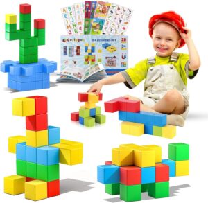 Large Magnetic Blocks for Toddlers 1.57in Magnetic Building Blocks for Kids Ages 3-5 -8 Magnet Blocks Stem Toys for Toddlers, Magnetic Cubes with Reusable Stickers for Puzzles, Toddler Blocks