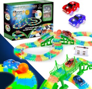 USA Toyz Glow Race Tracks and LED Toy Cars – 360pk Glow in The Dark Bendable Rainbow Race Track Set STEM Building Toys for Boys and Girls with 2 Light Up Toy Cars