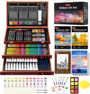 Soucolor Art Supplies, 192-Pack Deluxe Art Set Drawing Painting Supplies Art Kit with Acrylic Pad, Watercolor Pad, Sketch Book, Canvases, Acrylic Paint, Crayons, Pencils, Gifts for Artists Adults Kids