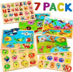 7 Pack Wooden Puzzles for Toddlers 2 3 4 5 Years Old – 7 Colorful Chunky Wood Peg Puzzles for Kids Ages 2-5, Alphabet Shape Numbers Fruits Sea Animals Dinosaur Zoo – Educational Toddler Learning Toys