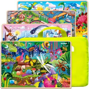 QUOKKA Wooden Puzzles for Kids Ages 4-6 – 4 x 60 Piece Kids Puzzles Ages 4-8-10 Year Olds by QUOKKA – Jigsaw Learning Game with Animals Dinosaurs City for 3-5 yo Wood Toys for Boys and Girls