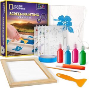 National Geographic Kids Screen Printing Kit – Arts and Crafts Silk Screen Printing Kit with Fabric Paint, Frame, Stencils & Squeegee Plus Drawstring Bag & More, Screen Print, Silkscreening Kit
