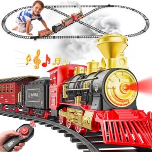 Hot Bee Train Set, Remote Control Train Toys with Luxury Tracks, Christmas Train Sets for Around the Tree,Toy Train with Smokes, Lights & Sound,Model Train Set for 3 4 5 6 7+ Years Old Boys Gifts Kids