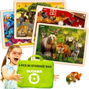 QUOKKA 4SET Puzzles for Kids Ages 4-6 – 24 Pcs Wooden Toddler Realistic Montessori Puzzles Ages 3-5 – Wild Animals Africa Ocean Farm Learning Games for Boys and Girls 4-8 Year Olds