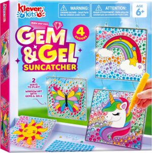 Klever Kits 4PCS Window Art, 2-in-1 Gems and Gels Suncatcher, 2 Ways to Play Diamond and Gels, Arts & Crafts Toys for Boys Girls, Christmas Birthday Gifts for Kids Age 6 and Up