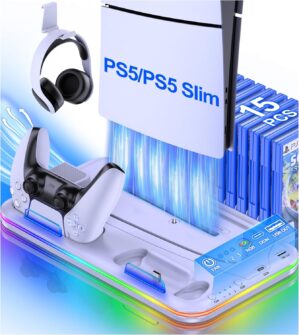 DINOSTRIKE PS5 Slim Stand and Cooling Station for Playstation 5 Slim Disc Digital Consoles,RGB PS5 Controller Charger with Cooling Fan, PS5 Cooling Base PS5 Stand Vertical Headset Holder 15 Game Slots