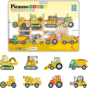 PicassoTiles Magnet Building Tile Blocks Addon 8 Magnetized Action Figures Construction Vehicle Zoo Animal Theme Compatible with Magnetic Build Tiles Playset STEM Learning Girls Boys Ages 3+ PTA21