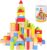 Pidoko Kids Wooden Blocks – 100 Pcs – Building Blocks for Toddlers – Includes Storage Container with Shape Sorter Top – Hardwood Plain & Colored Wood Blocks – Preschool Block Learning Toys