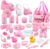 deAO 40 Piece Baby Doll Accessories Bag with Baby Feeding Accessories, Clothes, Doll Bear, Bath Toys, Soother Dummy and Much More – Great Nurturing Pretend Toy for Kids!